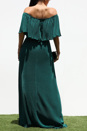 DD1658, PLEATED OFF SHOULDER MAXI DRESS