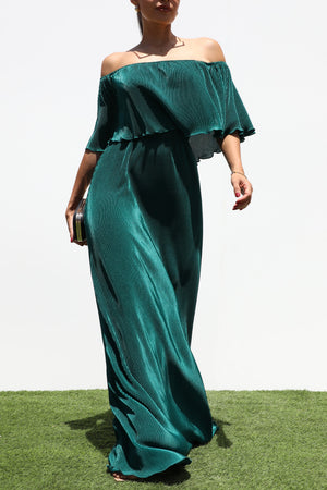 DD1658, PLEATED OFF SHOULDER MAXI DRESS