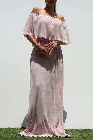 DD1658, PLEATED OFF SHOULDER MAXI DRESS