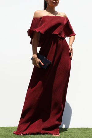 DD1658, PLEATED OFF SHOULDER MAXI DRESS