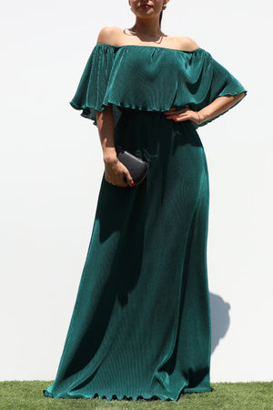 DD1658, PLEATED OFF SHOULDER MAXI DRESS