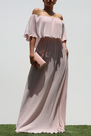 DD1658, PLEATED OFF SHOULDER MAXI DRESS