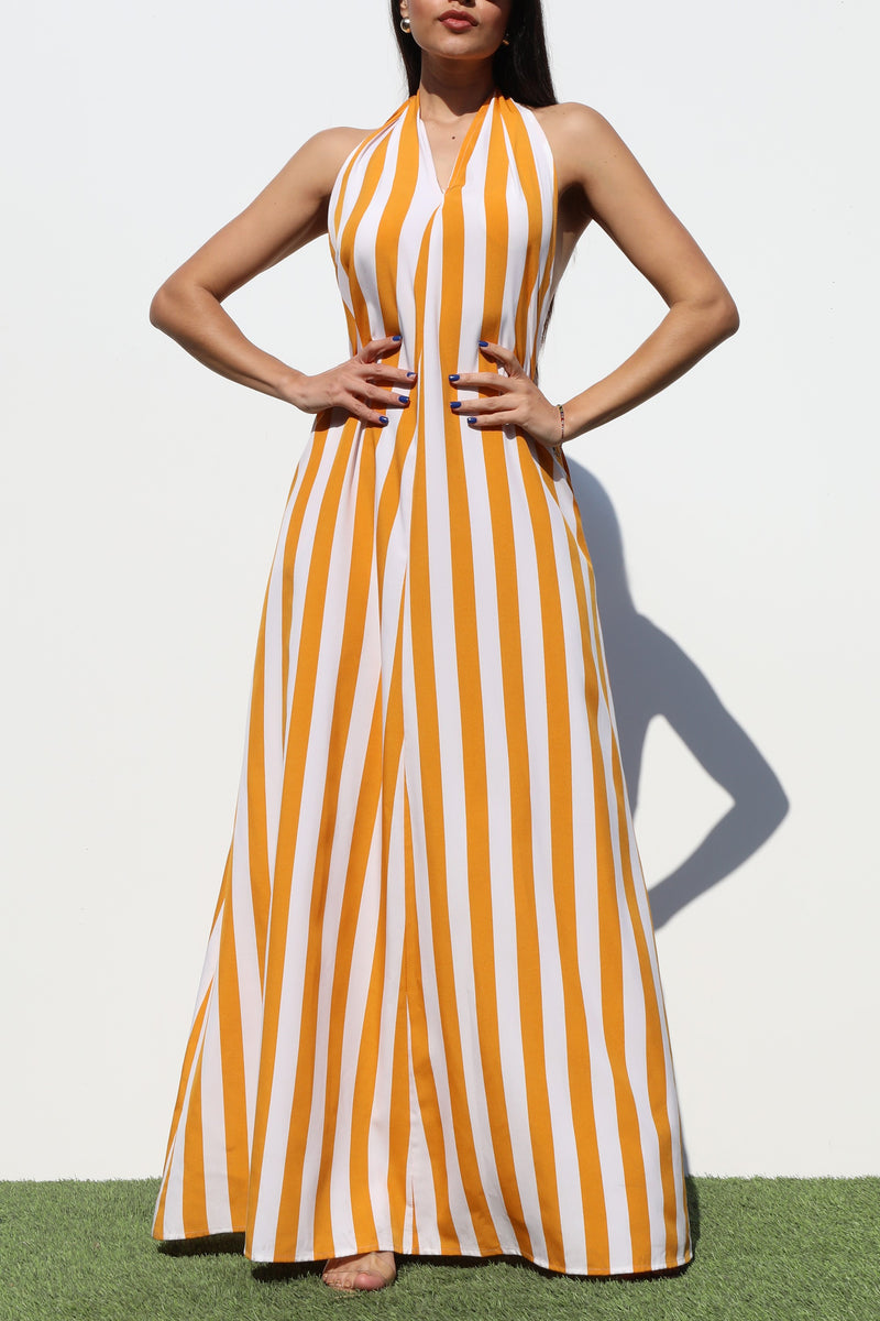 DD3592, STRIPED HALTER WOVEN MAXI DRESS