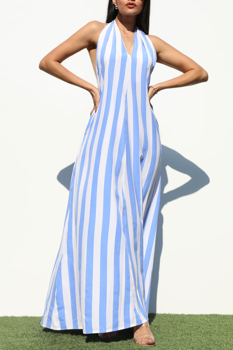 DD3592, STRIPED HALTER WOVEN MAXI DRESS