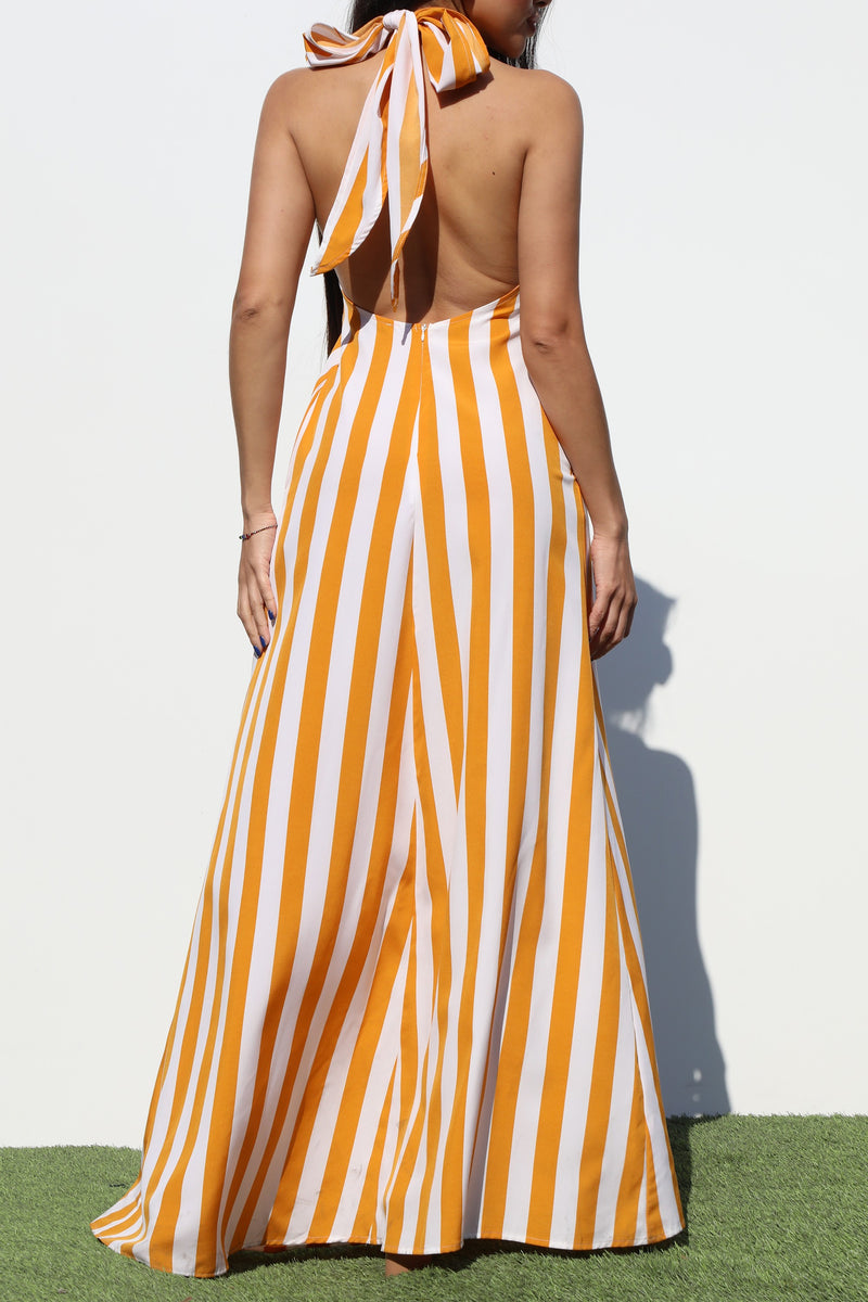 DD3592, STRIPED HALTER WOVEN MAXI DRESS