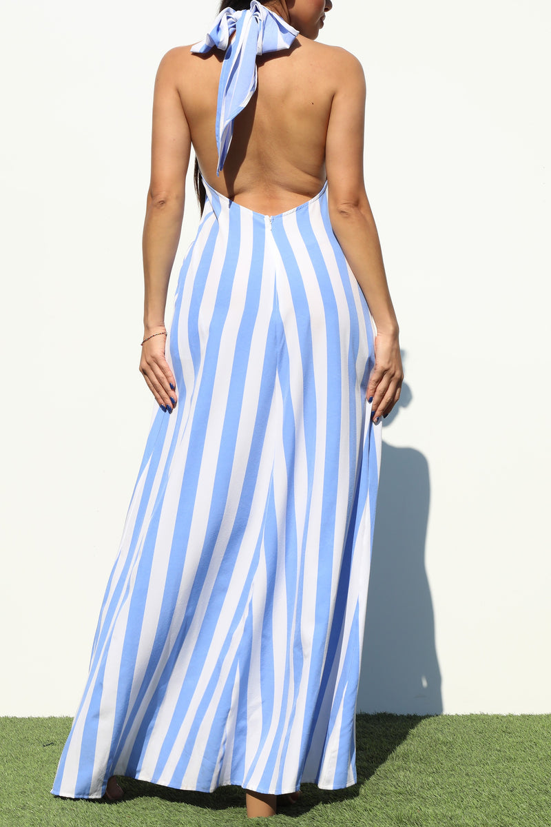 DD3592, STRIPED HALTER WOVEN MAXI DRESS