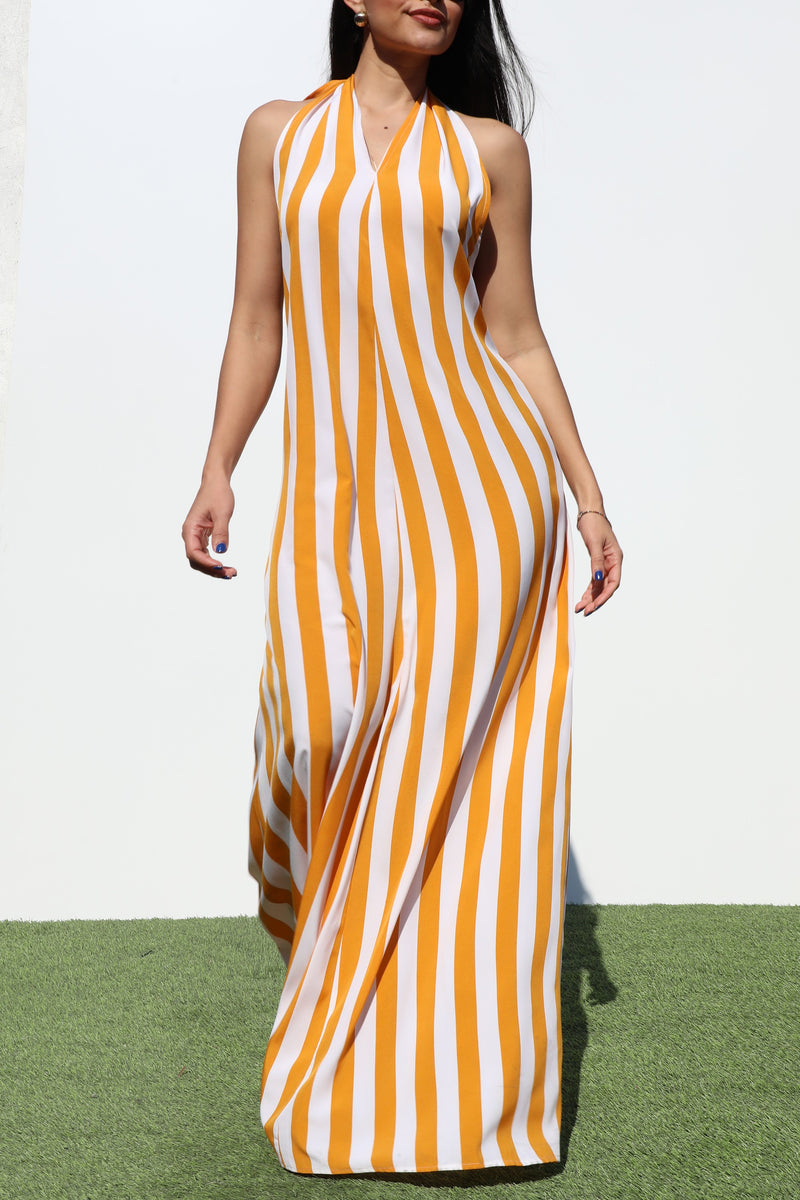 DD3592, STRIPED HALTER WOVEN MAXI DRESS