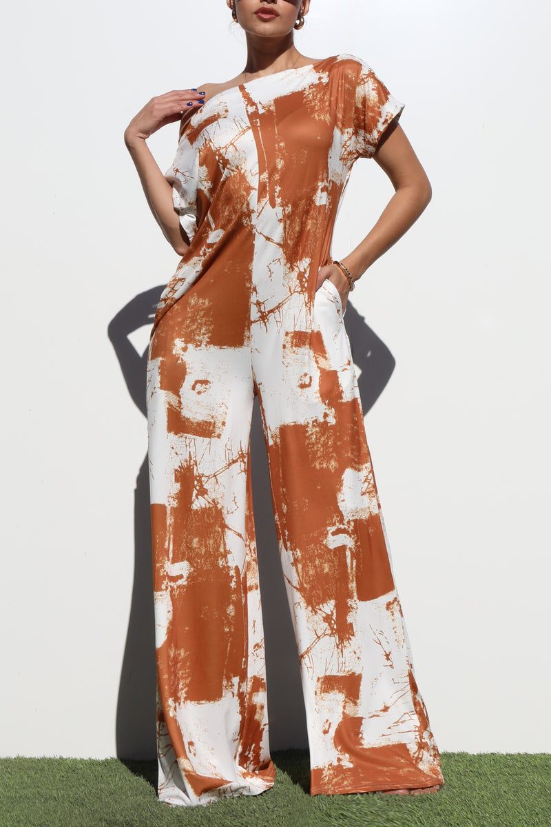 DD4252, PRINTED OFF SHOULDER KNIT JUMPSUIT