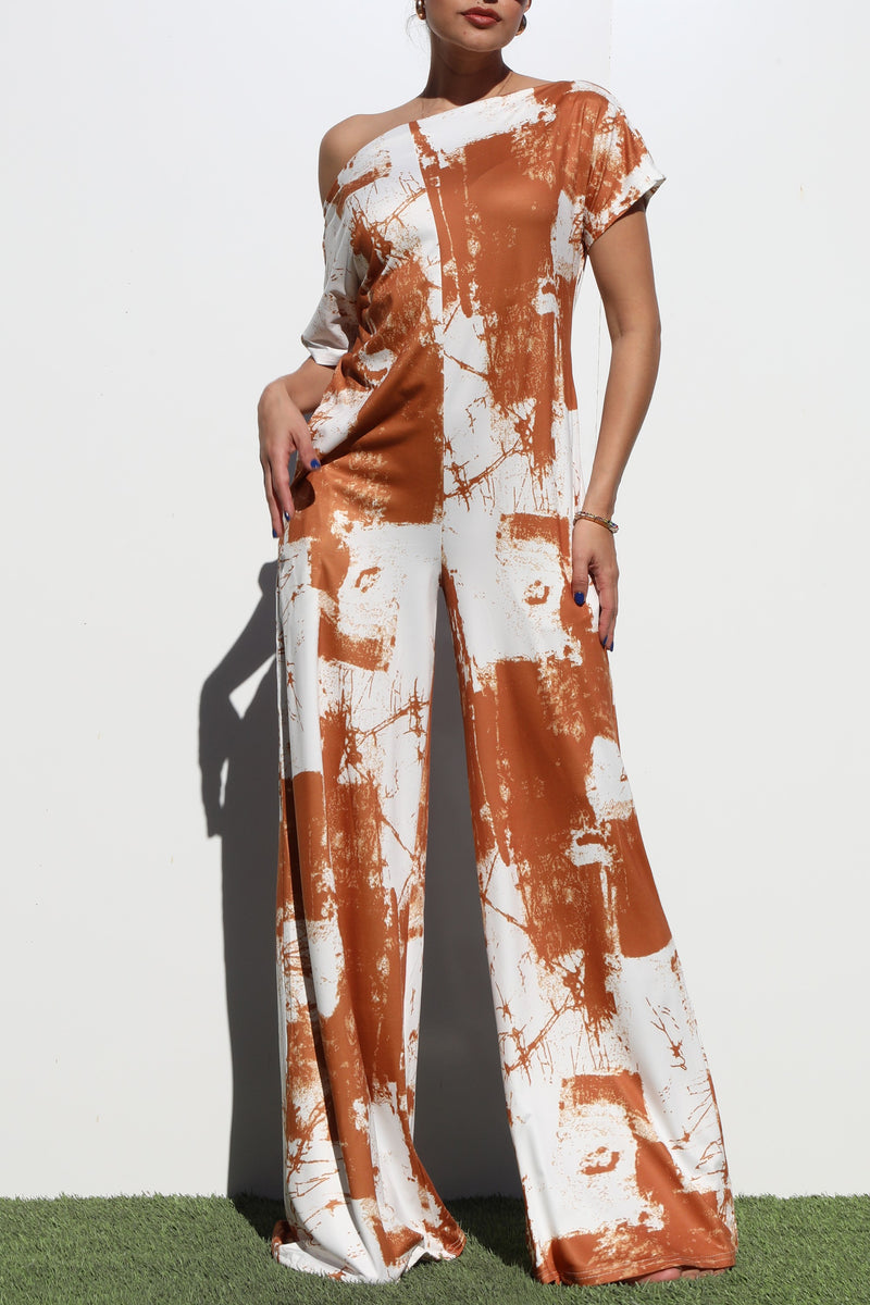 DD4252, PRINTED OFF SHOULDER KNIT JUMPSUIT