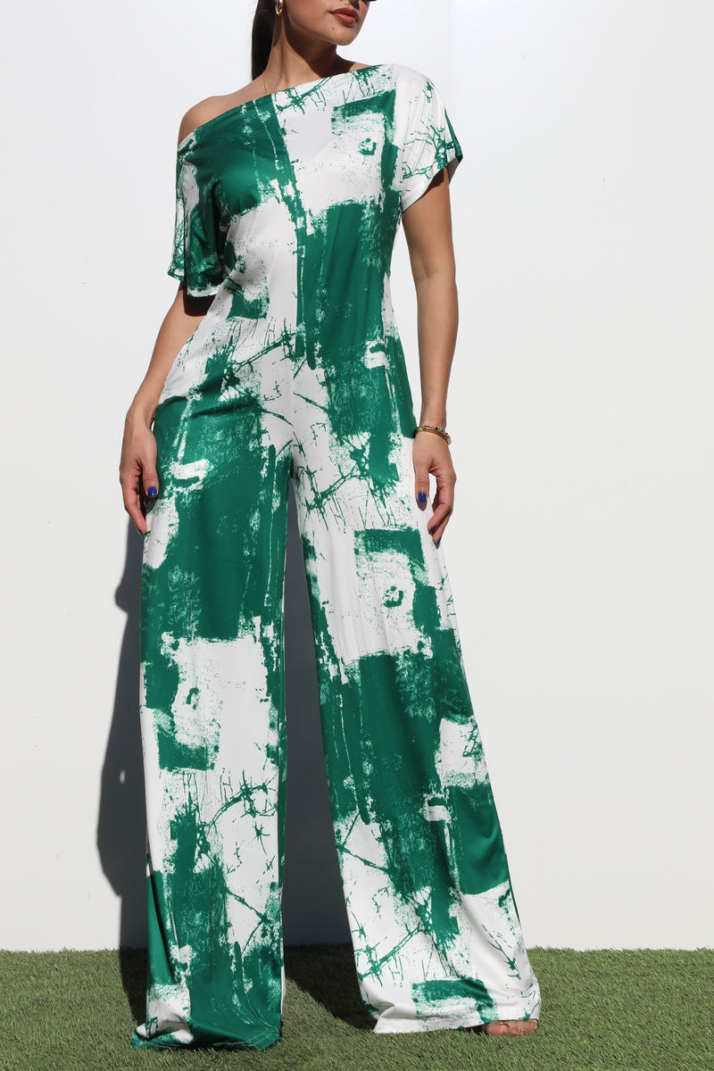 DD4252, PRINTED OFF SHOULDER KNIT JUMPSUIT