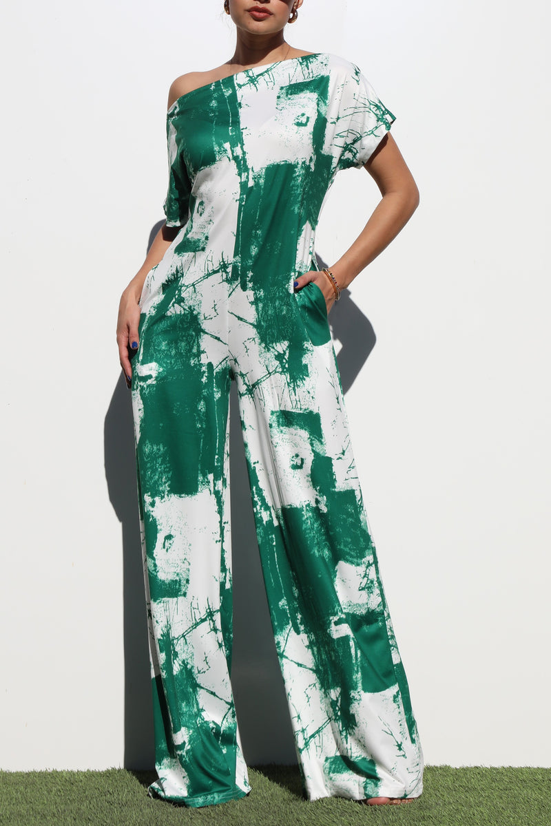 DD4252, PRINTED OFF SHOULDER KNIT JUMPSUIT