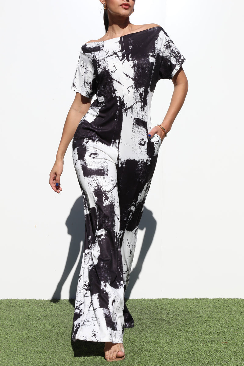 DD4252, PRINTED OFF SHOULDER KNIT JUMPSUIT