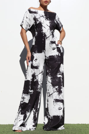 DD4252, PRINTED OFF SHOULDER KNIT JUMPSUIT