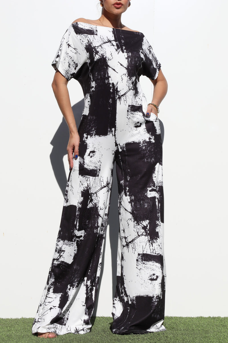 DD4252, PRINTED OFF SHOULDER KNIT JUMPSUIT