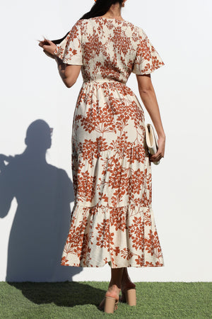 DD6880, SMOCKED TOP WOVEN MIDI DRESS