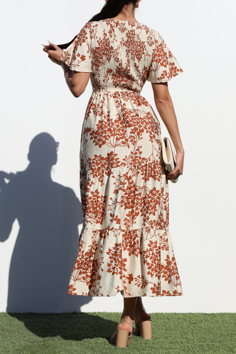DD6880, SMOCKED TOP WOVEN MIDI DRESS