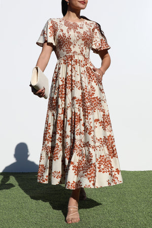 DD6880, SMOCKED TOP WOVEN MIDI DRESS