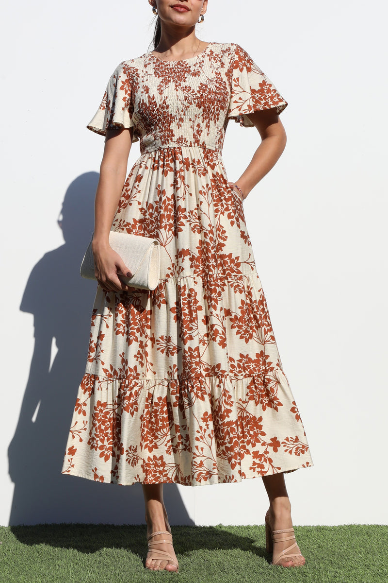 DD6880, SMOCKED TOP WOVEN MIDI DRESS