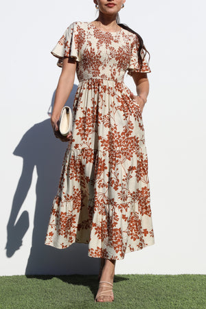 DD6880, SMOCKED TOP WOVEN MIDI DRESS