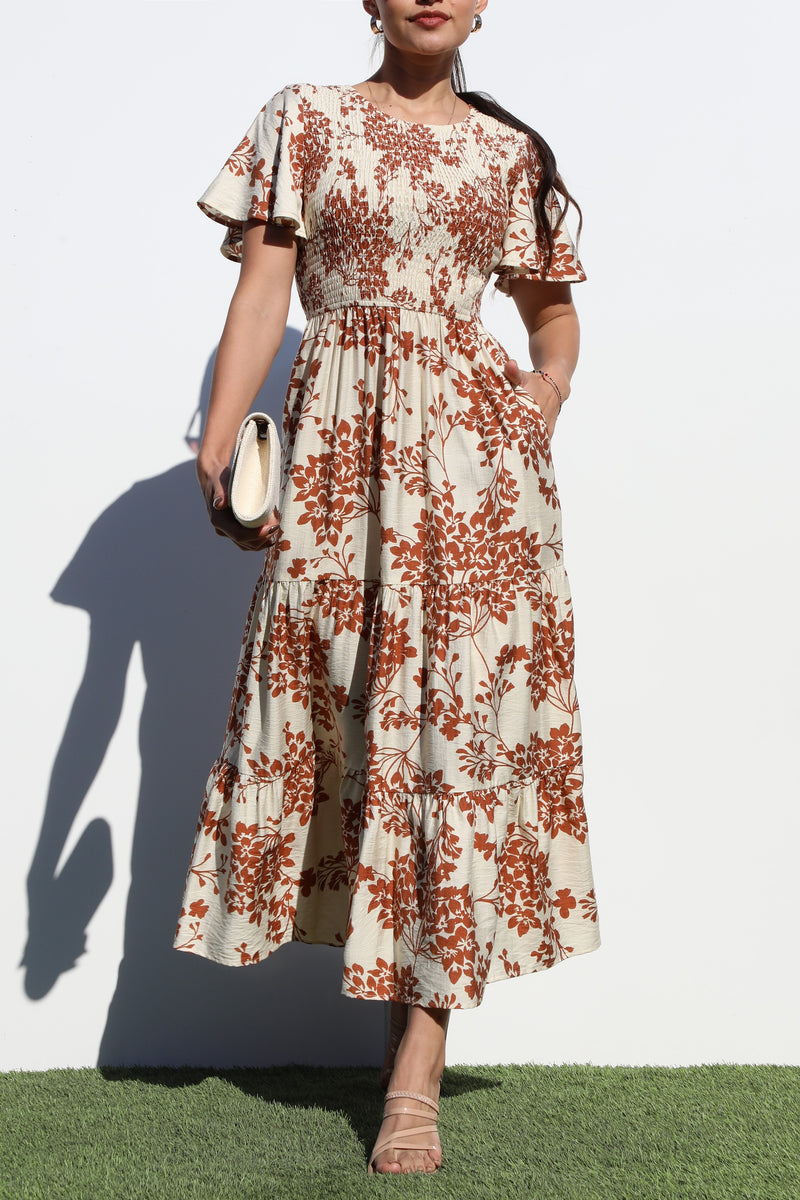 DD6880, SMOCKED TOP WOVEN MIDI DRESS