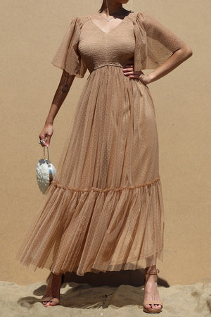 DD4650, RUFFLED MESH LONG DRESS