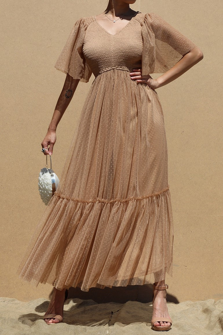 DD4650, RUFFLED MESH LONG DRESS
