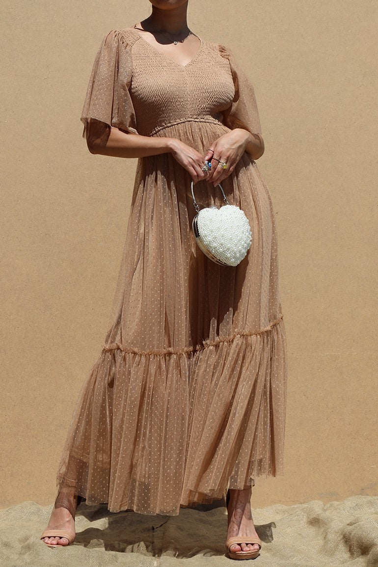 DD4650, RUFFLED MESH LONG DRESS