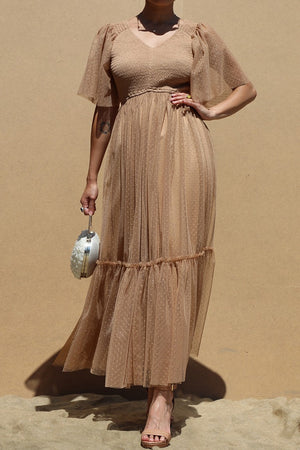 DD4650, RUFFLED MESH LONG DRESS