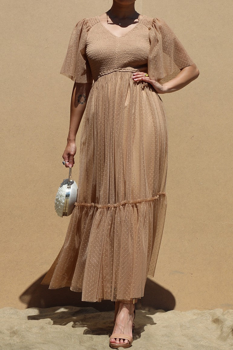 DD4650, RUFFLED MESH LONG DRESS
