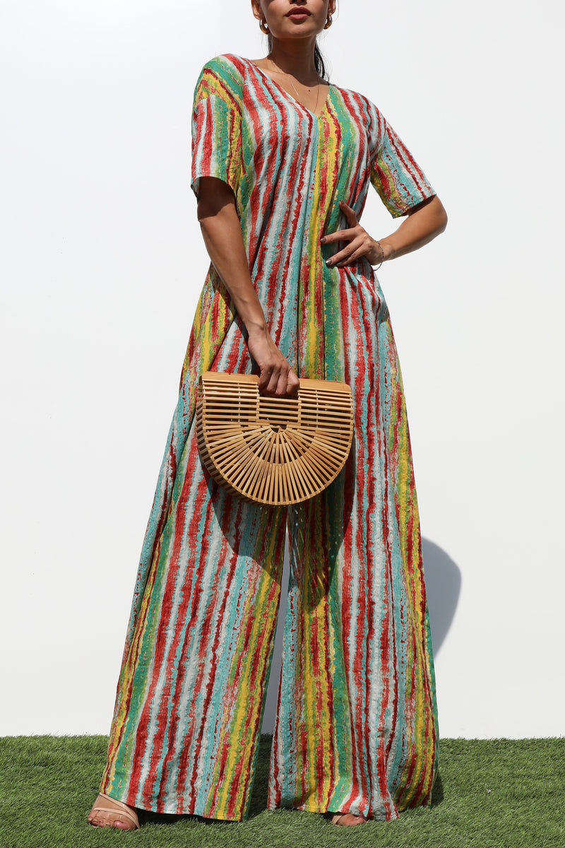 DD7121, LOOSE FIT V NECK WOVEN JUMPSUIT