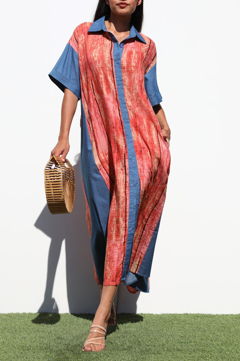 DD6827, PRINTED BUTTON DOWN SHIRT DRESS
