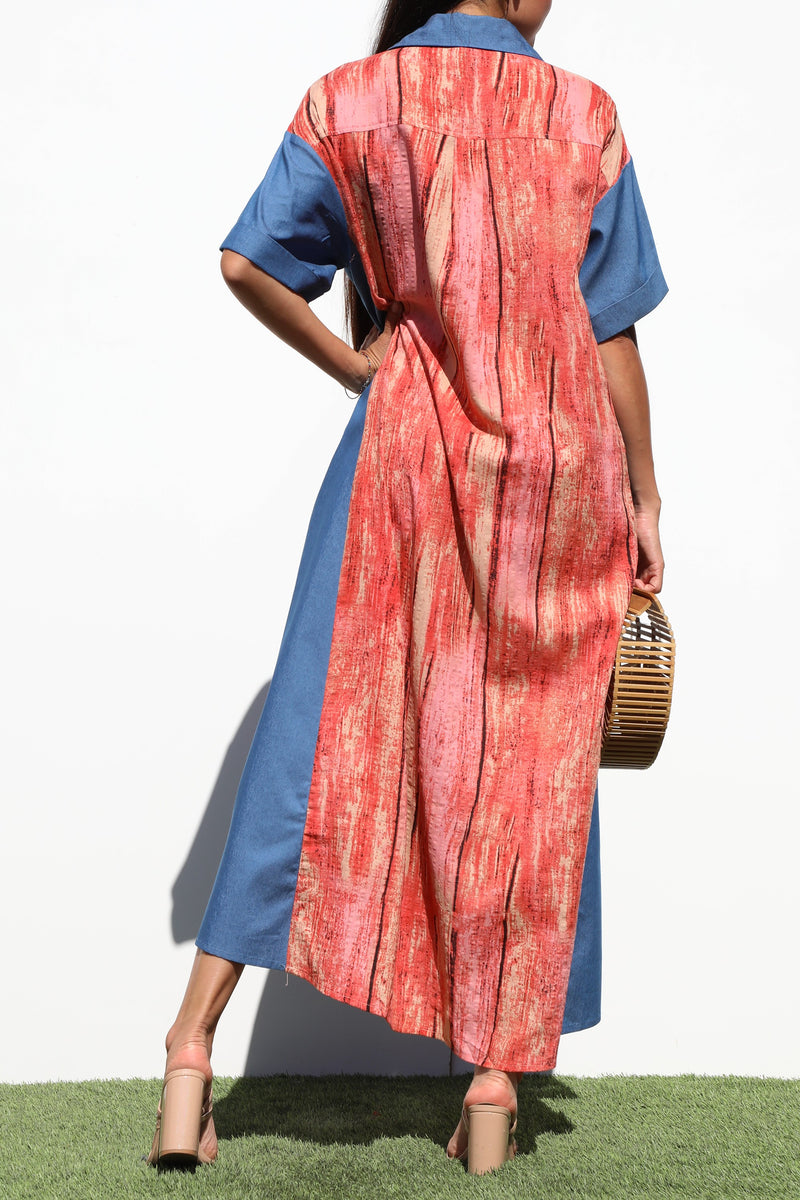 DD6827, PRINTED BUTTON DOWN SHIRT DRESS