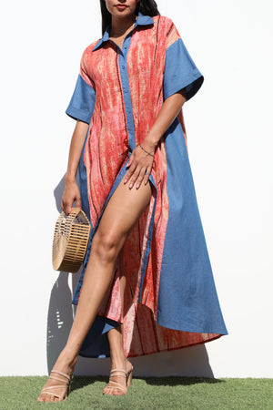 DD6827, PRINTED BUTTON DOWN SHIRT DRESS