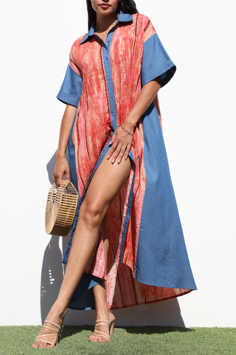 DD6827, PRINTED BUTTON DOWN SHIRT DRESS