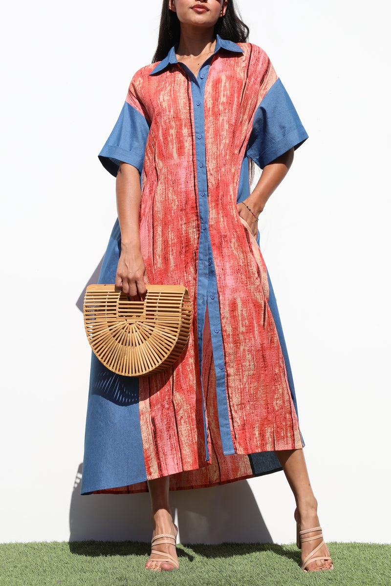 DD6827, PRINTED BUTTON DOWN SHIRT DRESS