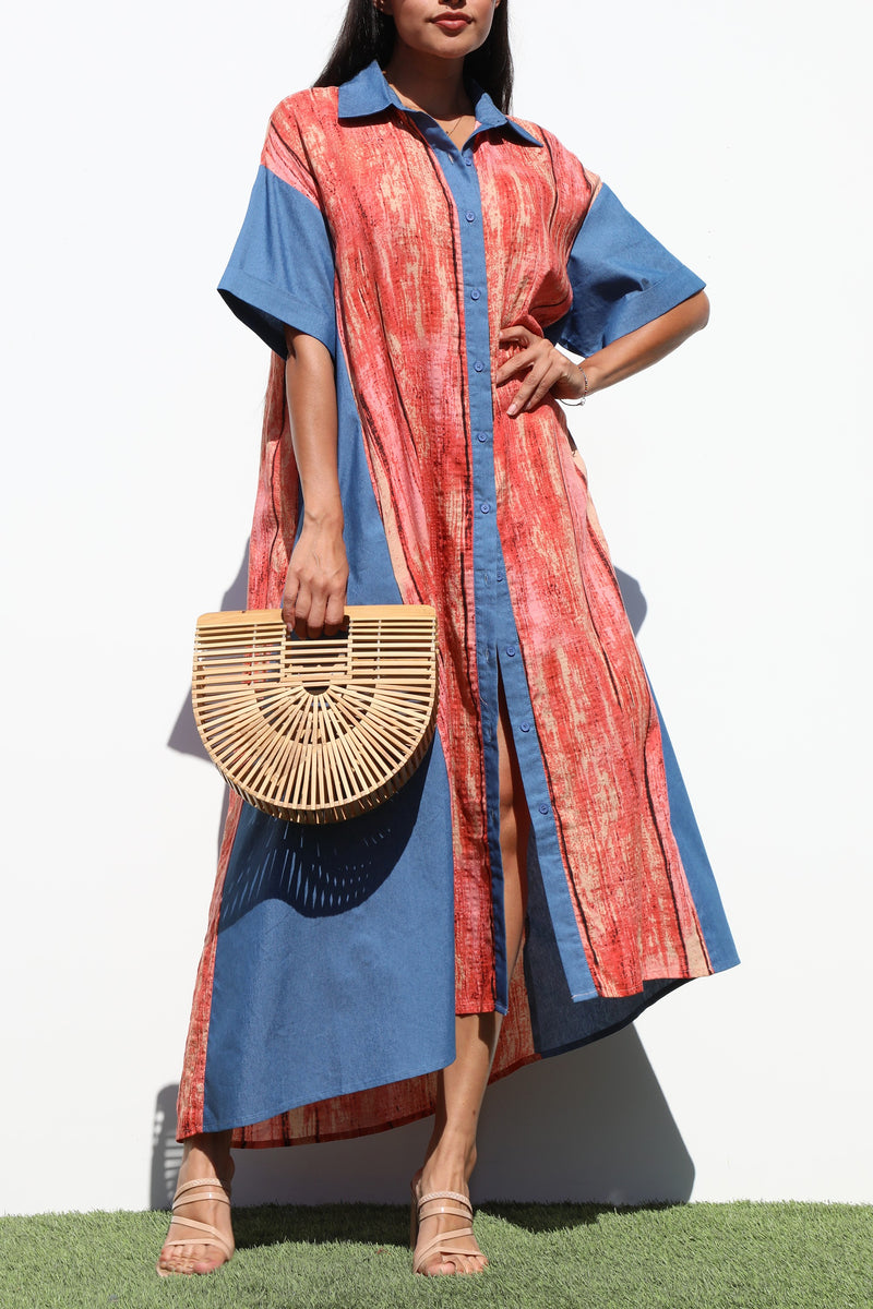 DD6827, PRINTED BUTTON DOWN SHIRT DRESS