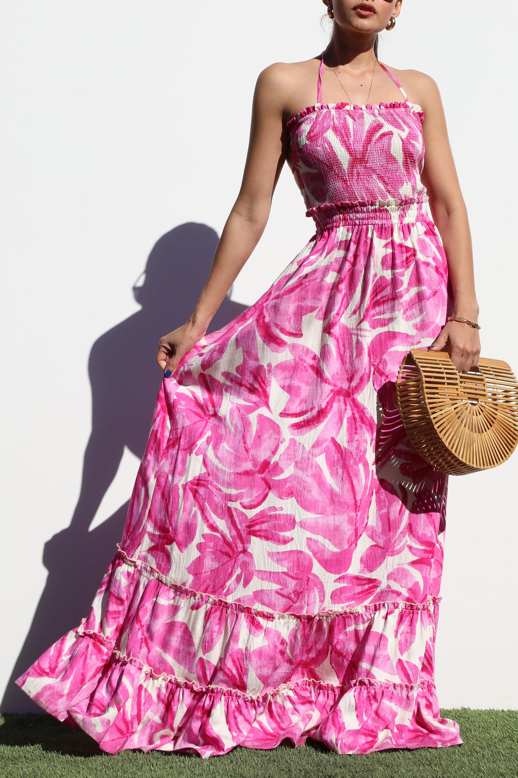 DD7083, SMOCKED TOP WOVEN MAXI DRESS