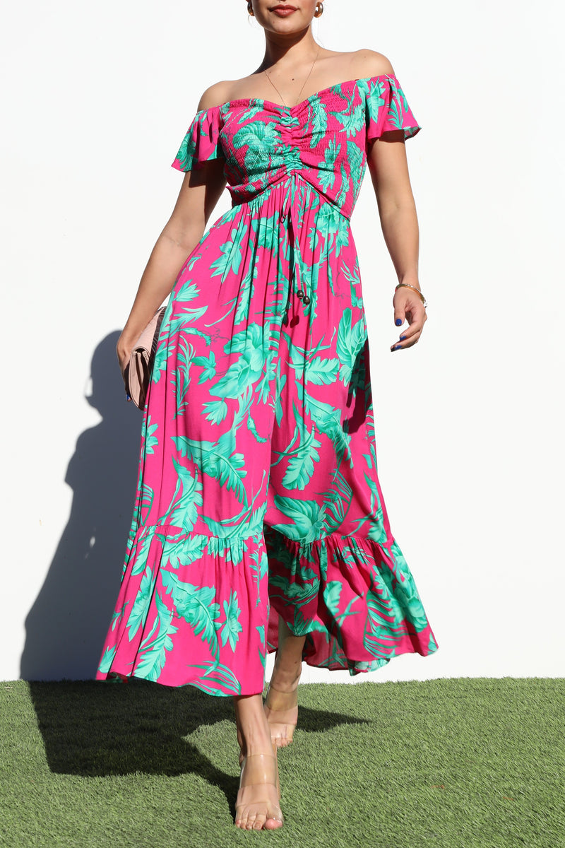 DD6452, SMOCKED TOP WOVEN LONG DRESS