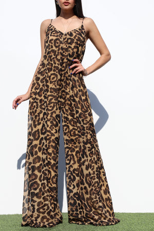 DD7069, LEOPARD V NECK WOVEN JUMPSUIT