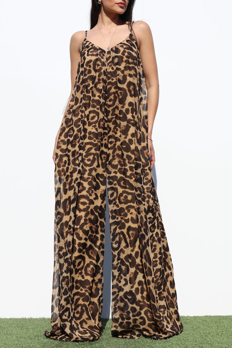 DD7069, LEOPARD V NECK WOVEN JUMPSUIT