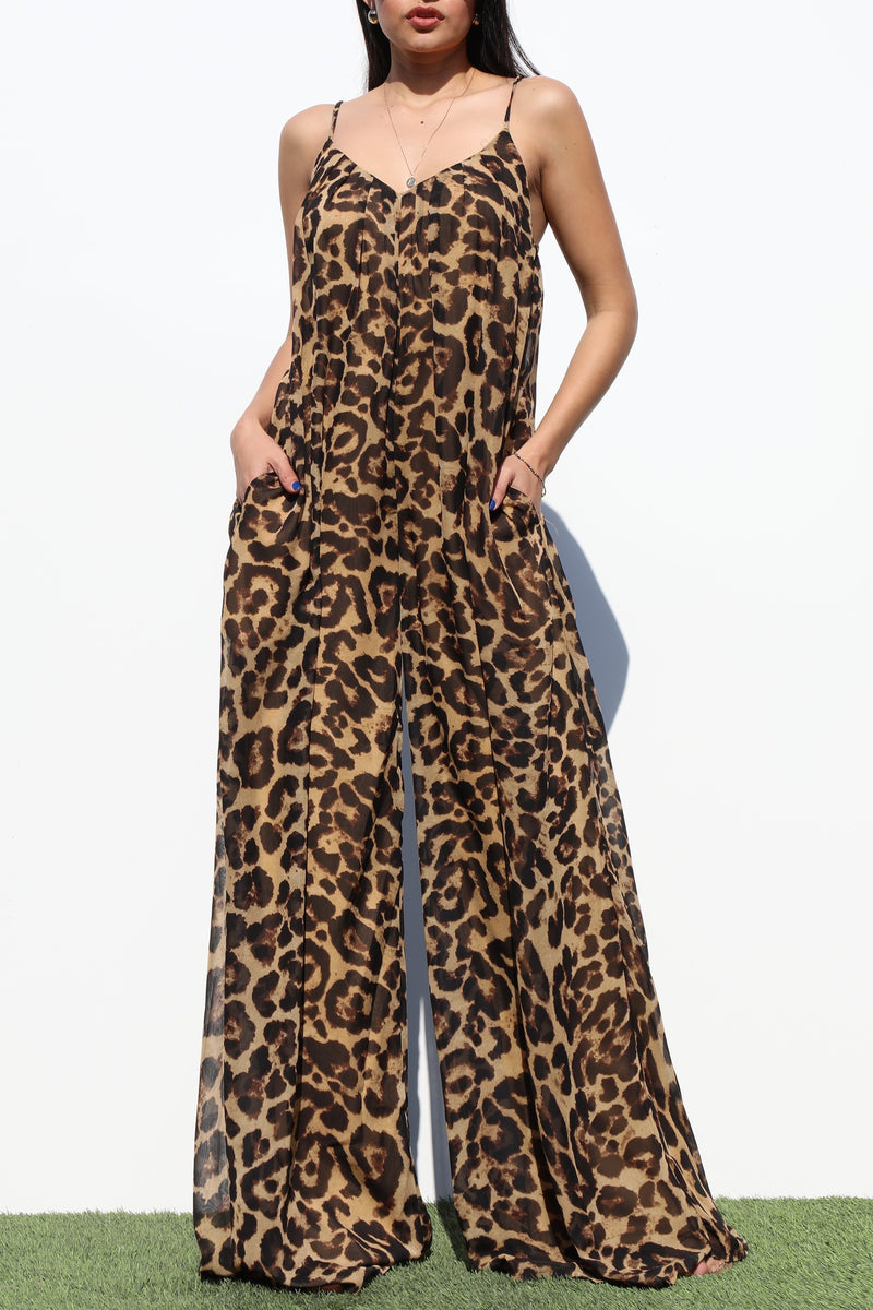 DD7069, LEOPARD V NECK WOVEN JUMPSUIT