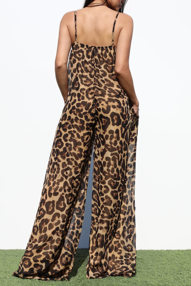 DD7069, LEOPARD V NECK WOVEN JUMPSUIT