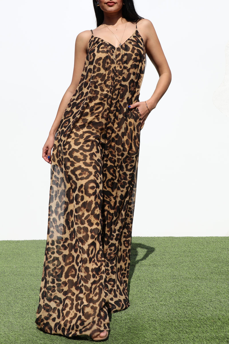 DD7069, LEOPARD V NECK WOVEN JUMPSUIT