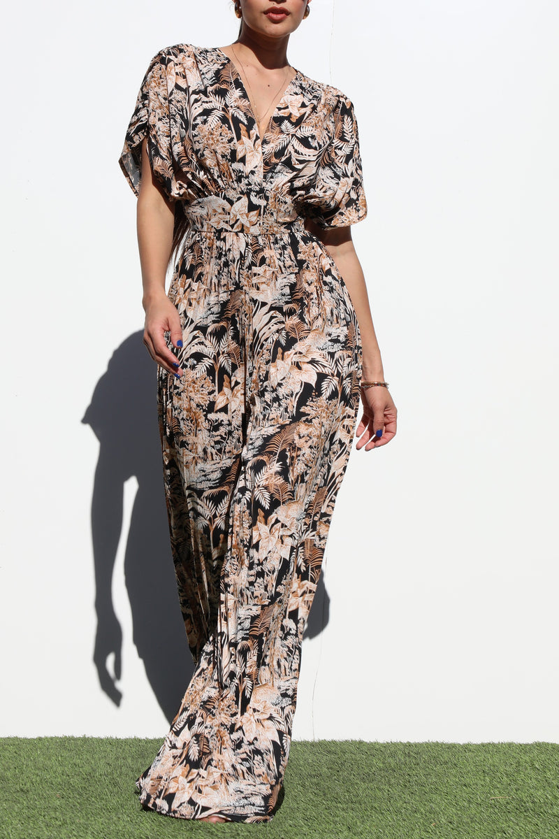 DD6407, PLEATED V NECK WOVEN JUMPSUIT