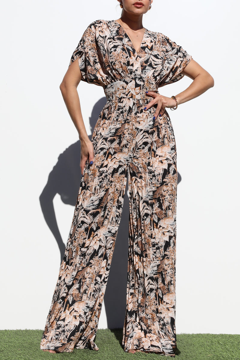 DD6407, PLEATED V NECK WOVEN JUMPSUIT