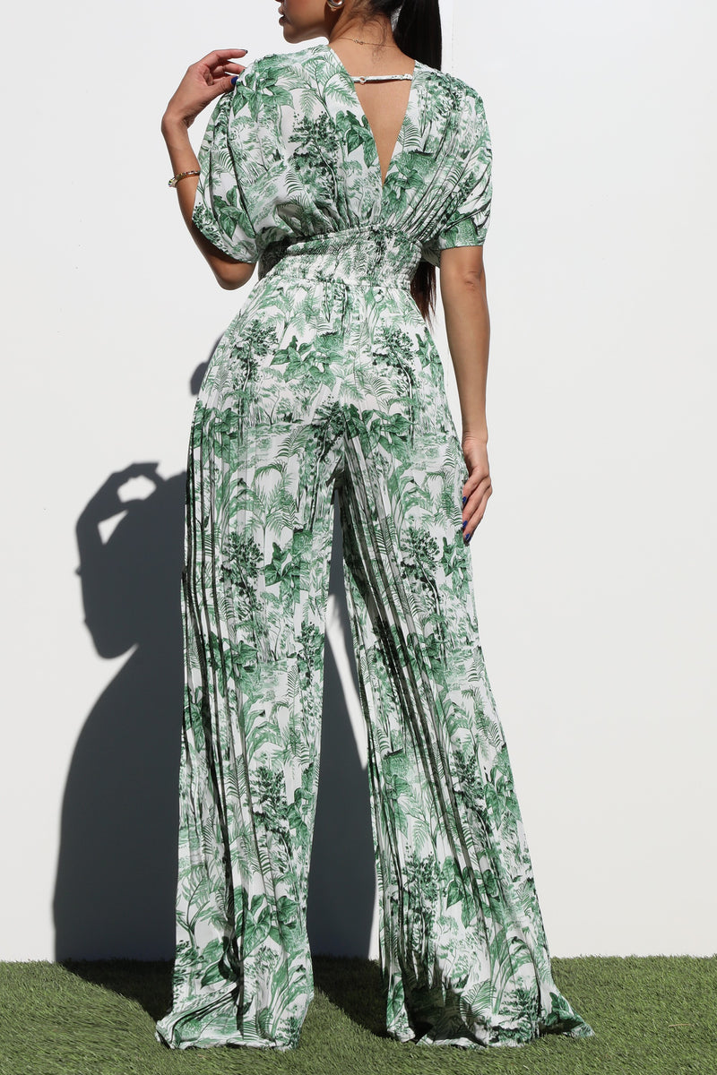 DD6407, PLEATED V NECK WOVEN JUMPSUIT