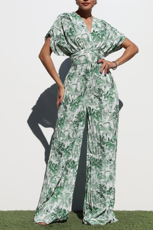 DD6407, PLEATED V NECK WOVEN JUMPSUIT