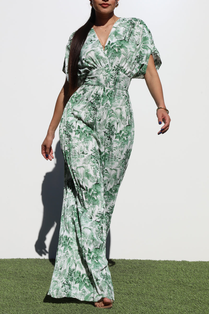 DD6407, PLEATED V NECK WOVEN JUMPSUIT