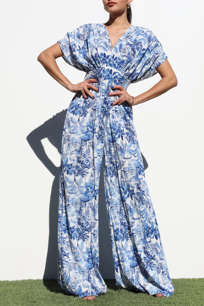 DD6407, PLEATED V NECK WOVEN JUMPSUIT