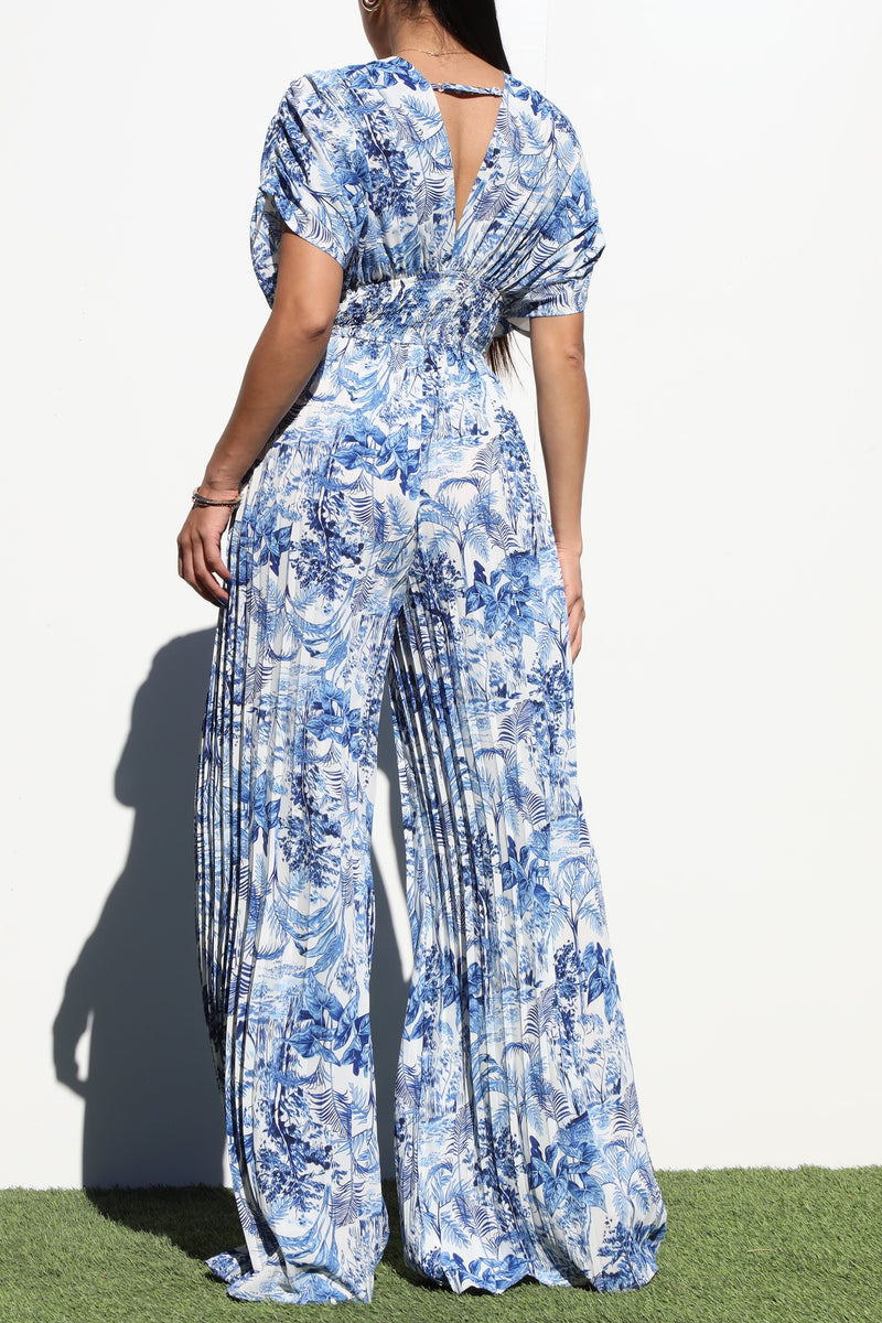 DD6407, PLEATED V NECK WOVEN JUMPSUIT